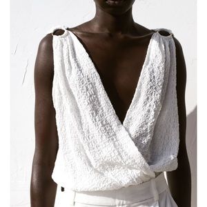 Zara Crinkle White Bodysuit with Gold Hoops
